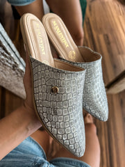 Tip Shiny Croco Silver Mules