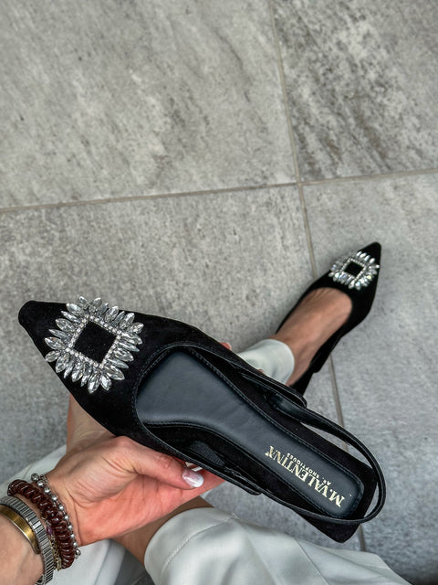 Paris Slingback Shiny Carre Black Flats