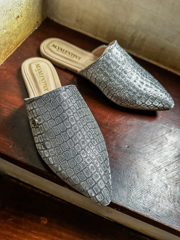 Tip Shiny Croco Silver Mules