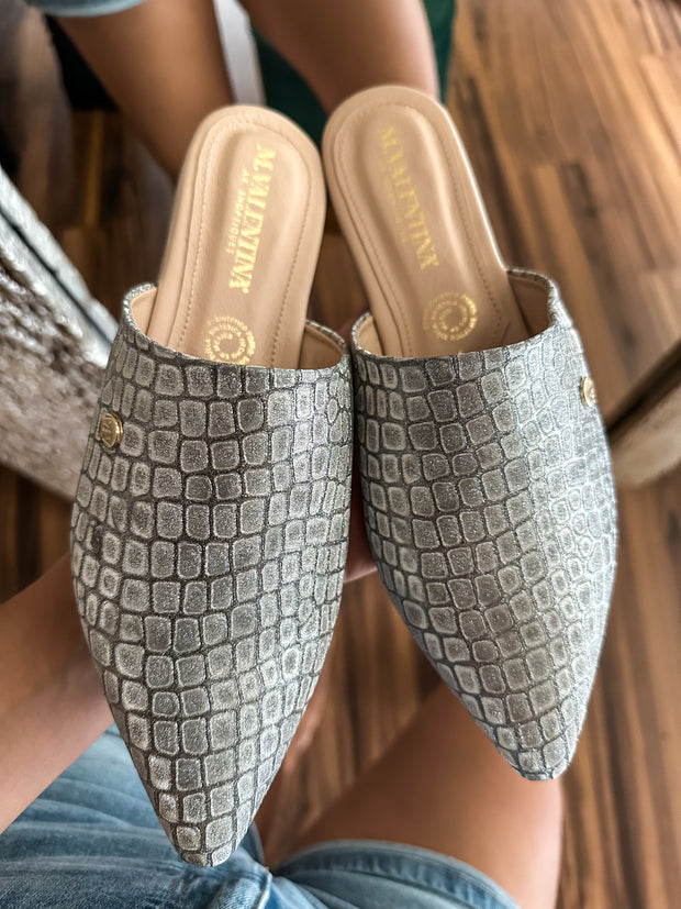 Tip Shiny Croco Silver Mules