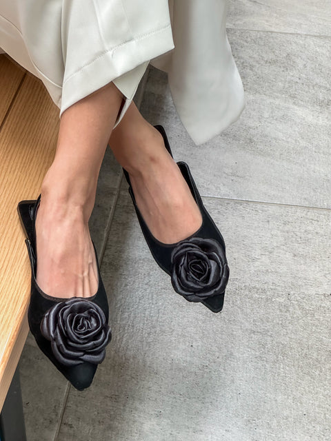 Flower Slingback Black Flats